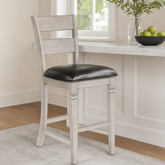 Zeka Barstool Chair Set of 2, Black Faux Leather, Gray Wood Ladderback