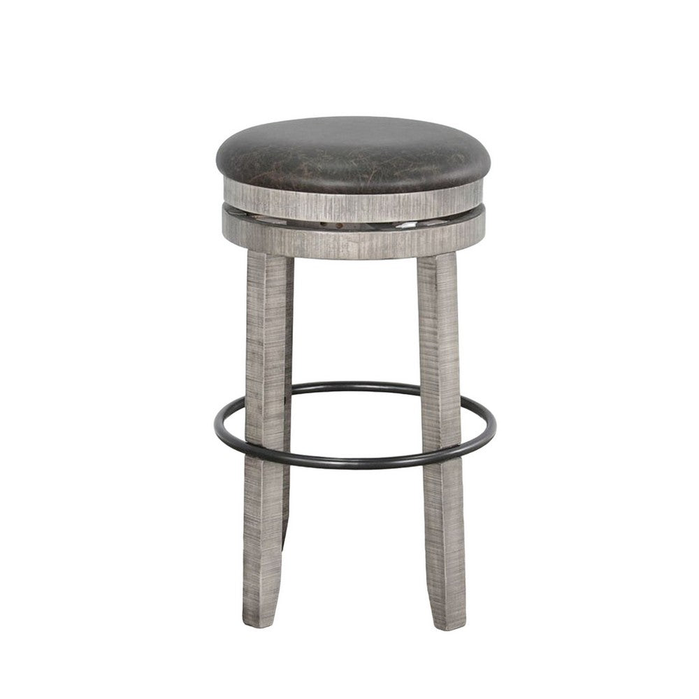 Zeka Swivel Barstool Set of 2, Gray Faux Leather and Mahogany Wood