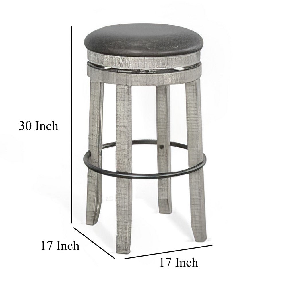Zeka Swivel Barstool Set of 2, Gray Faux Leather and Mahogany Wood