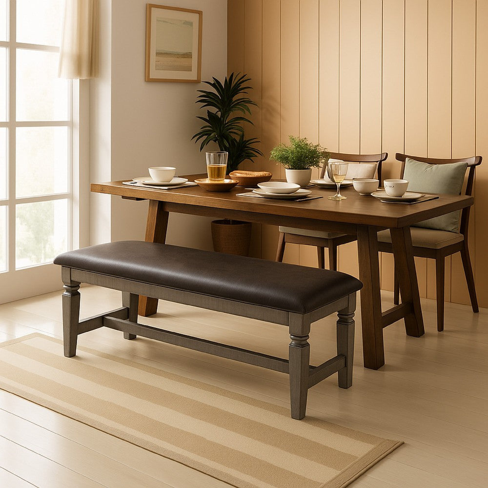 Flint Bench, Dark Gray Faux Leather, Dark Brown Mahogany, 56 Inch