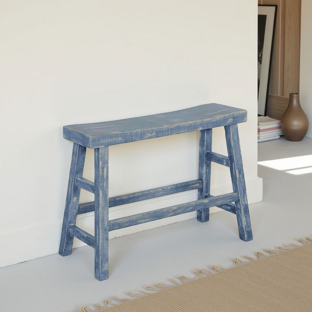 Rena Counter Height Bench | Trestle Legs with Footrests | 33" Wide Ocean Blue Mahogany Wood Frame