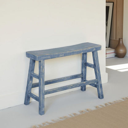 Rena Counter Height Bench | Trestle Legs with Footrests | 33" Wide Ocean Blue Mahogany Wood Frame