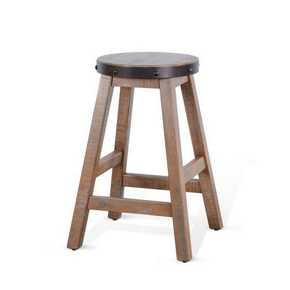 Ayka Round Counter Stool, Metal Band, Splayed Legs, Brown Mahogany