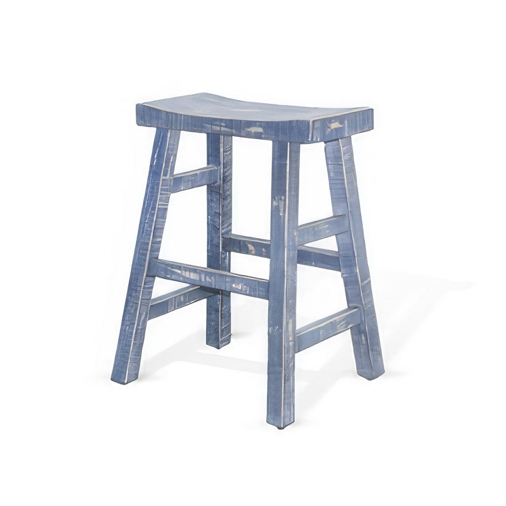Rena Counter Stool Set of 2, Saddle Seat, Ocean Blue Mahogany Wood