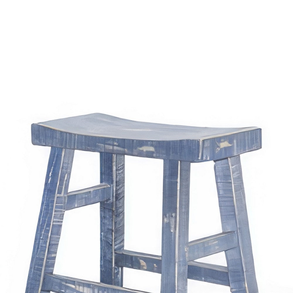 Rena Counter Stool Set of 2, Saddle Seat, Ocean Blue Mahogany Wood