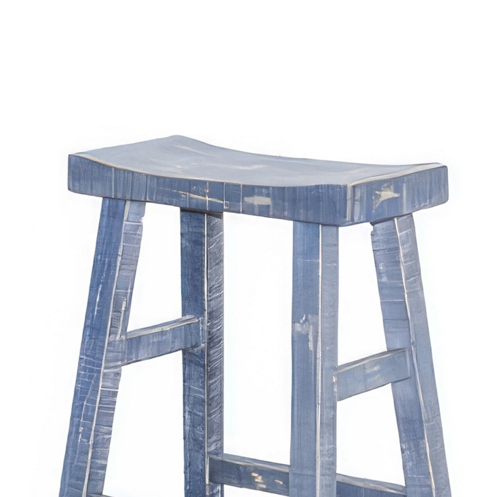 Rena Barstool Set of 2, Saddle Style Seat, Ocean Blue Mahogany Wood