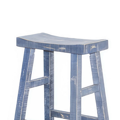 Rena Barstool Set of 2, Saddle Style Seat, Ocean Blue Mahogany Wood