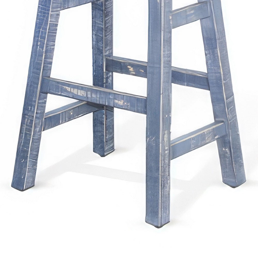 Rena Barstool Set of 2, Saddle Style Seat, Ocean Blue Mahogany Wood