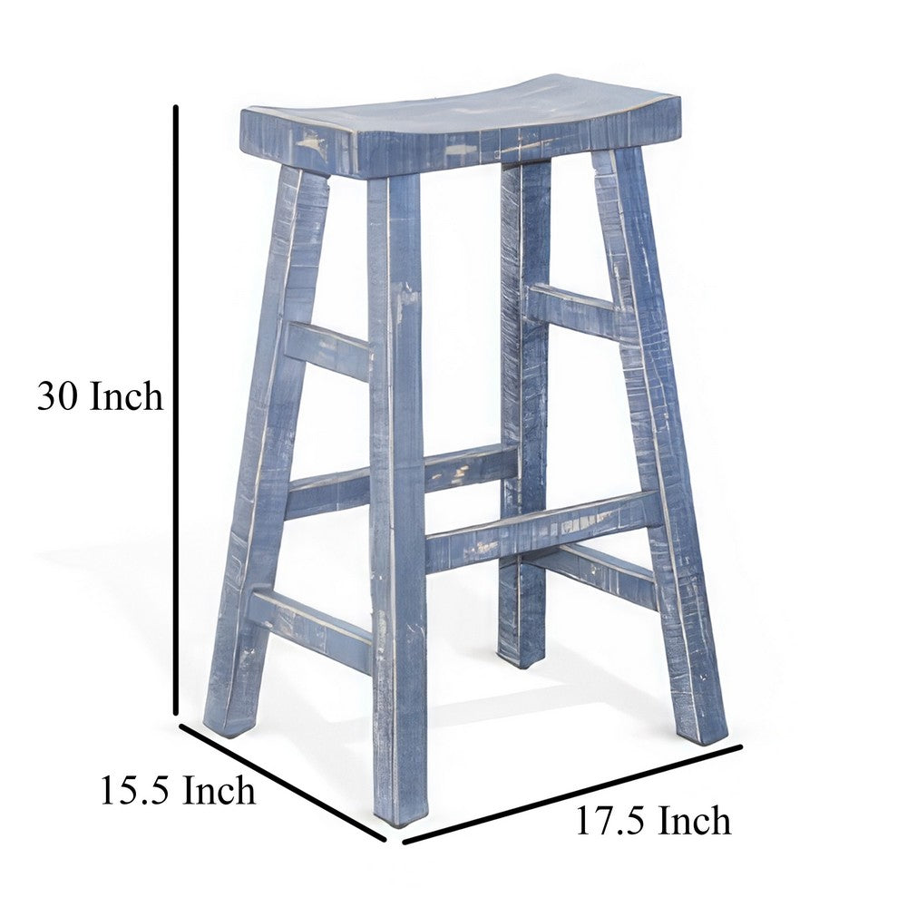 Rena Barstool Set of 2, Saddle Style Seat, Ocean Blue Mahogany Wood