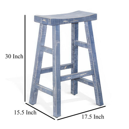 Rena Barstool Set of 2, Saddle Style Seat, Ocean Blue Mahogany Wood
