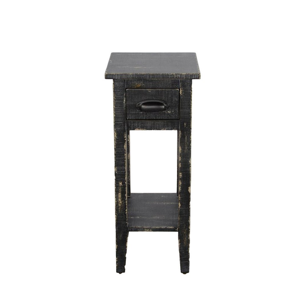 Rena Chairside Table w Drawer and Shelf, 14 Inch Black Mahogany Wood