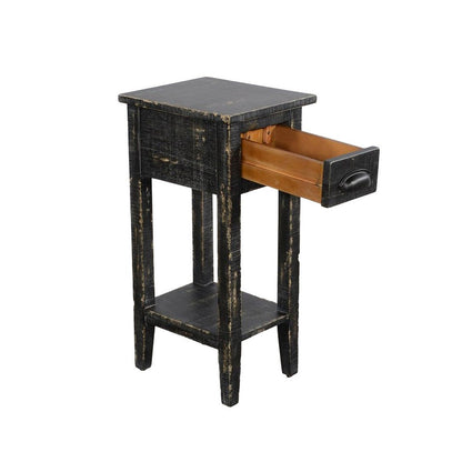Rena Chairside Table w Drawer and Shelf, 14 Inch Black Mahogany Wood