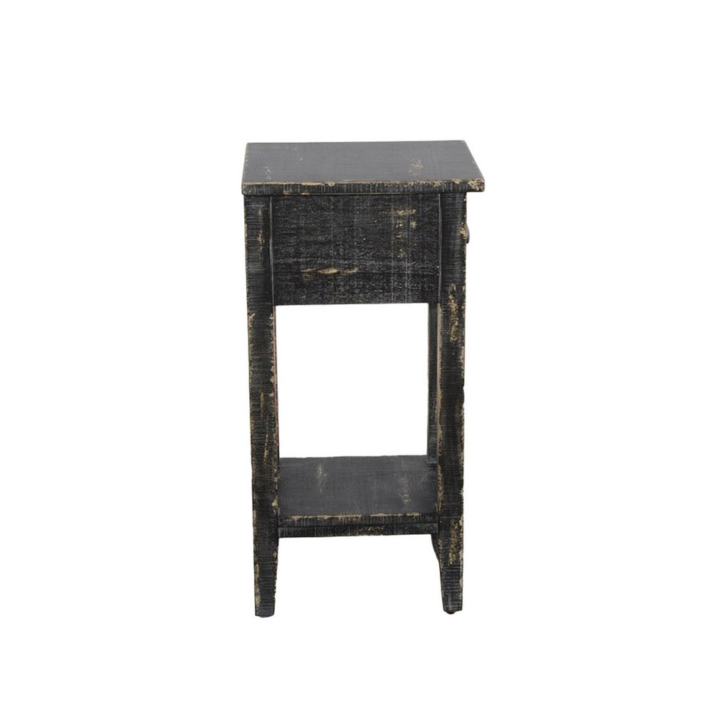 Rena Chairside Table w Drawer and Shelf, 14 Inch Black Mahogany Wood