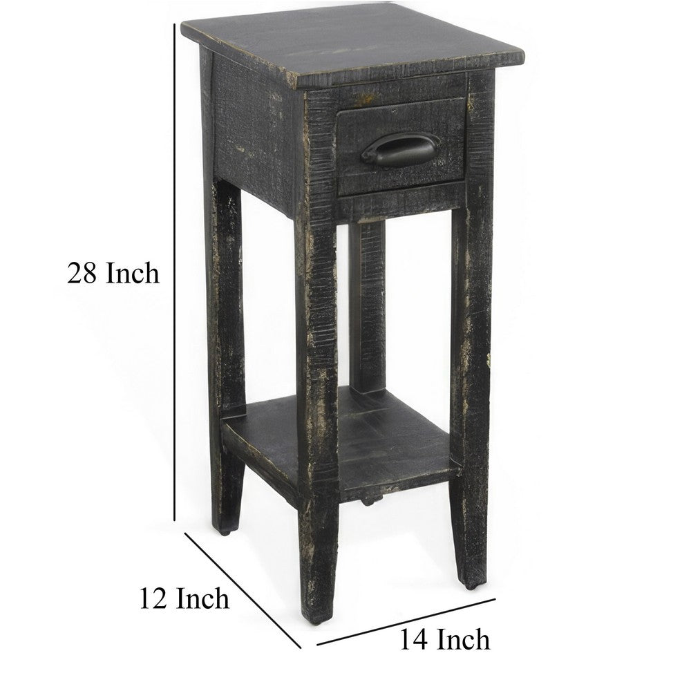 Rena Chairside Table w Drawer and Shelf, 14 Inch Black Mahogany Wood