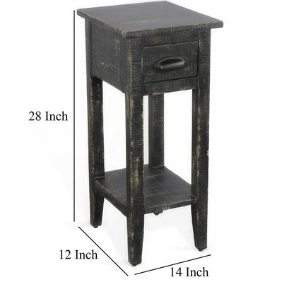 Rena Chairside Table w Drawer and Shelf, 14 Inch Black Mahogany Wood