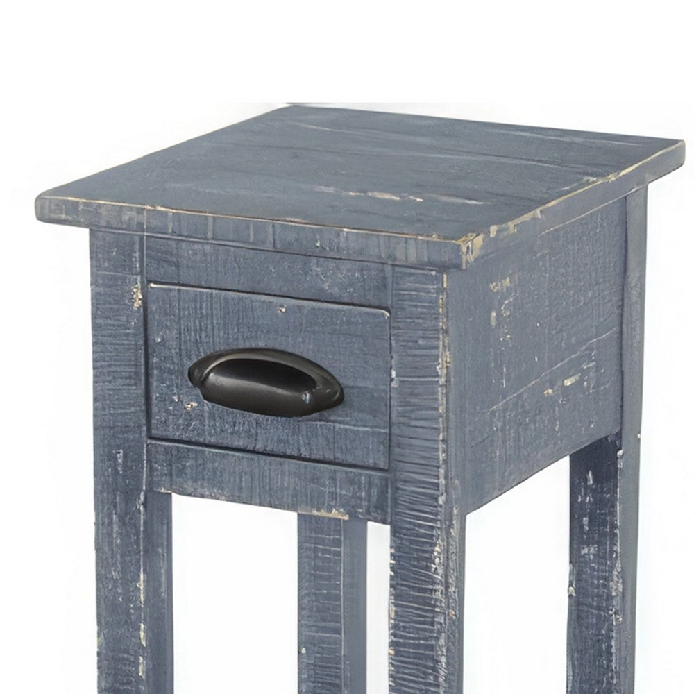 Rena Chairside Table with Drawer and Shelf, 14 Inch Blue Mahogany Wood