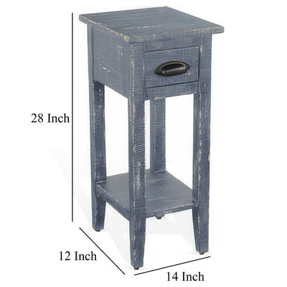 Rena Chairside Table with Drawer and Shelf, 14 Inch Blue Mahogany Wood