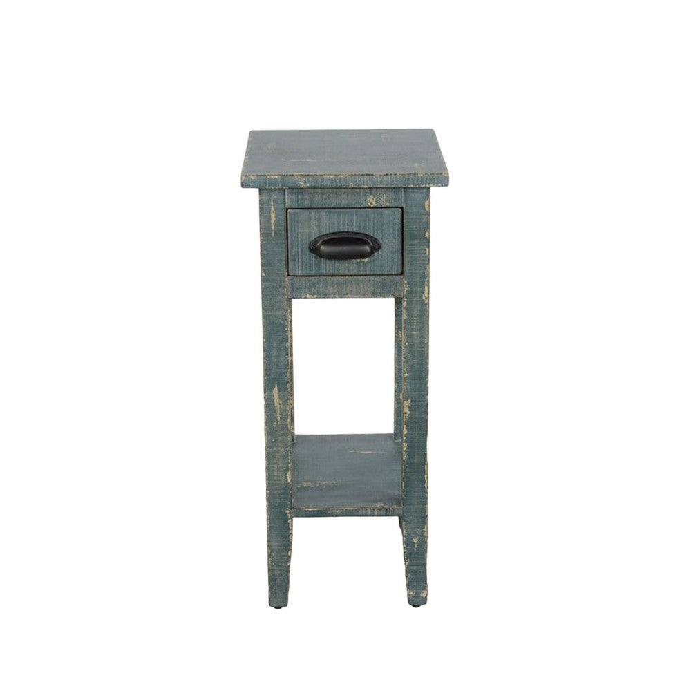 Rena Chairside Table, Drawer and Shelf, 14 Inch Green Mahogany Wood