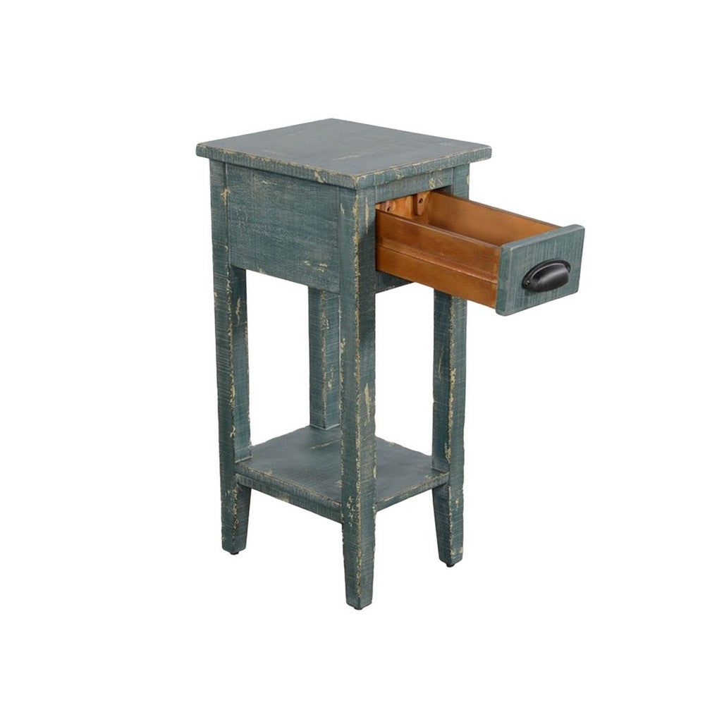 Rena Chairside Table, Drawer and Shelf, 14 Inch Green Mahogany Wood