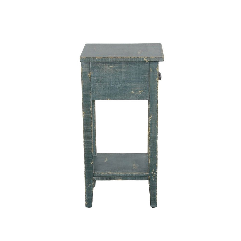 Rena Chairside Table, Drawer and Shelf, 14 Inch Green Mahogany Wood