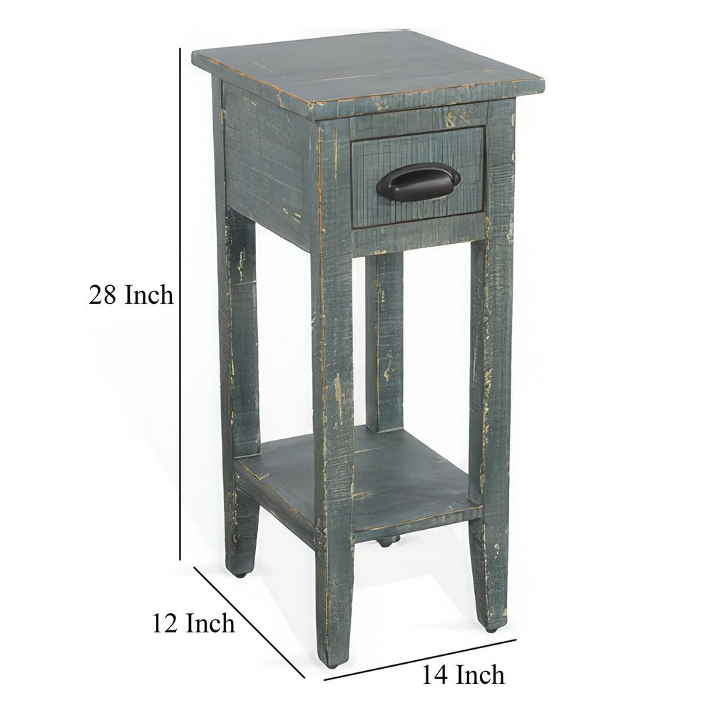 Rena Chairside Table, Drawer and Shelf, 14 Inch Green Mahogany Wood