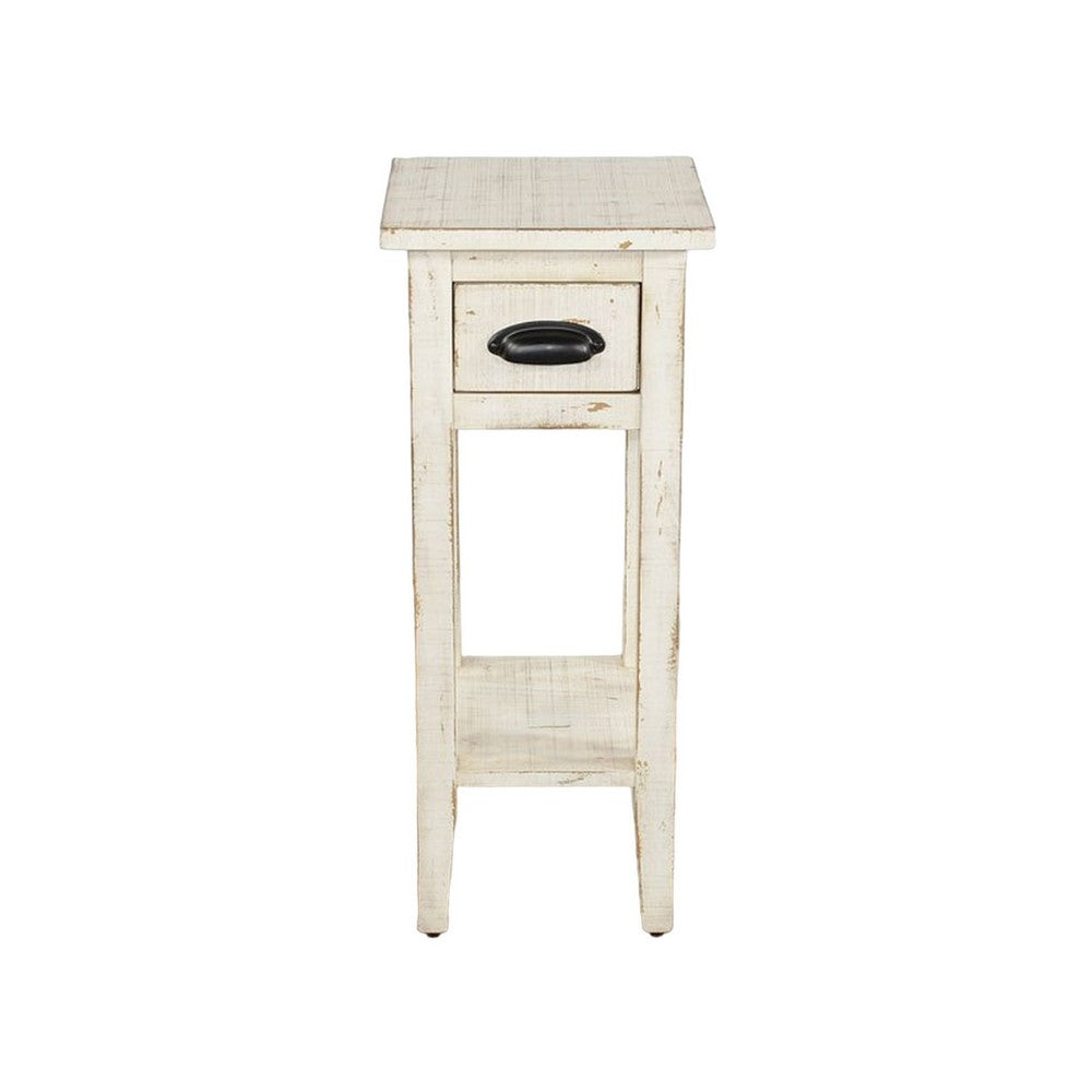 Rena Chairside Table, Drawer and Shelf, 14 Inch White Mahogany Wood