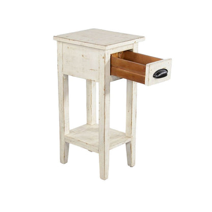 Rena Chairside Table, Drawer and Shelf, 14 Inch White Mahogany Wood
