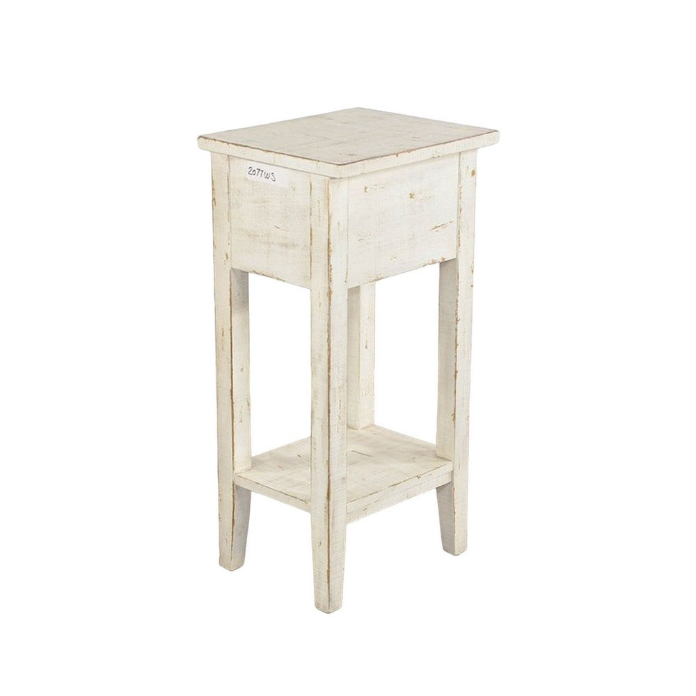 Rena Chairside Table, Drawer and Shelf, 14 Inch White Mahogany Wood