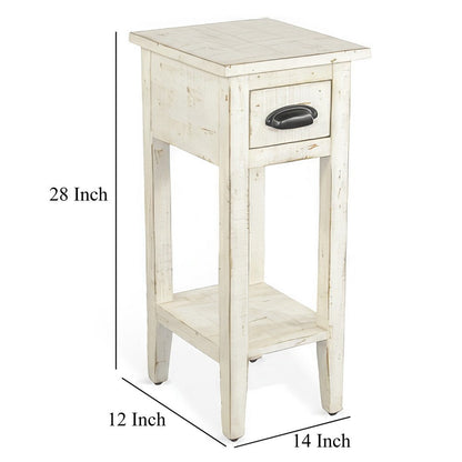 Rena Chairside Table, Drawer and Shelf, 14 Inch White Mahogany Wood