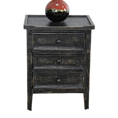 Rena End Table with 3 Drawers, 19 Inch Distressed Black Mahogany Wood
