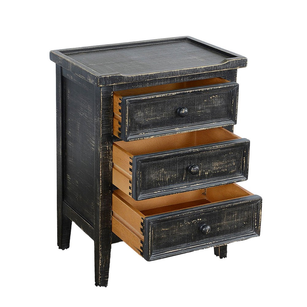 Rena End Table with 3 Drawers, 19 Inch Distressed Black Mahogany Wood
