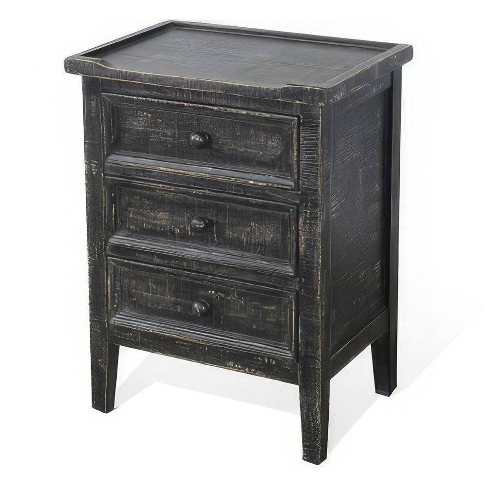 Rena End Table with 3 Drawers, 19 Inch Distressed Black Mahogany Wood