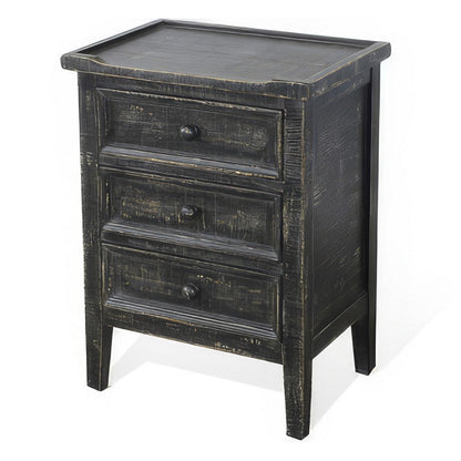 Rena End Table with 3 Drawers, 19 Inch Distressed Black Mahogany Wood