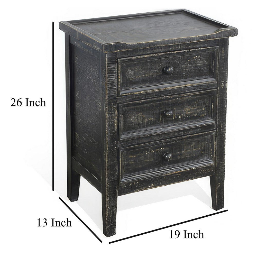 Rena End Table with 3 Drawers, 19 Inch Distressed Black Mahogany Wood