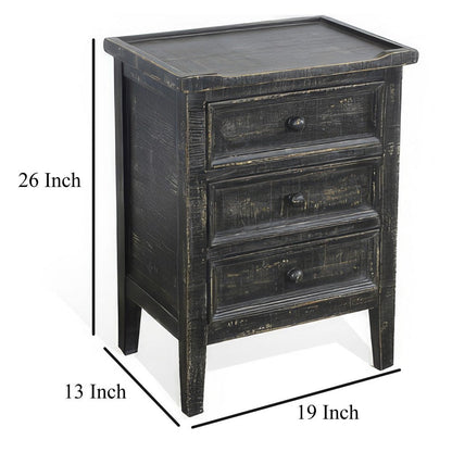 Rena End Table with 3 Drawers, 19 Inch Distressed Black Mahogany Wood