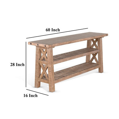 Anva Sofa Table, Light Brown Mahogany, 2 Shelves, Rectangular 60 Inch