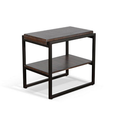 Lery Accent Chairside Table, Dark Brown Wood, Black Metal, 24 Inch