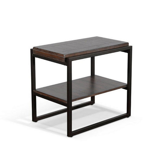 Lery Accent Chairside Table, Dark Brown Wood, Black Metal, 24 Inch