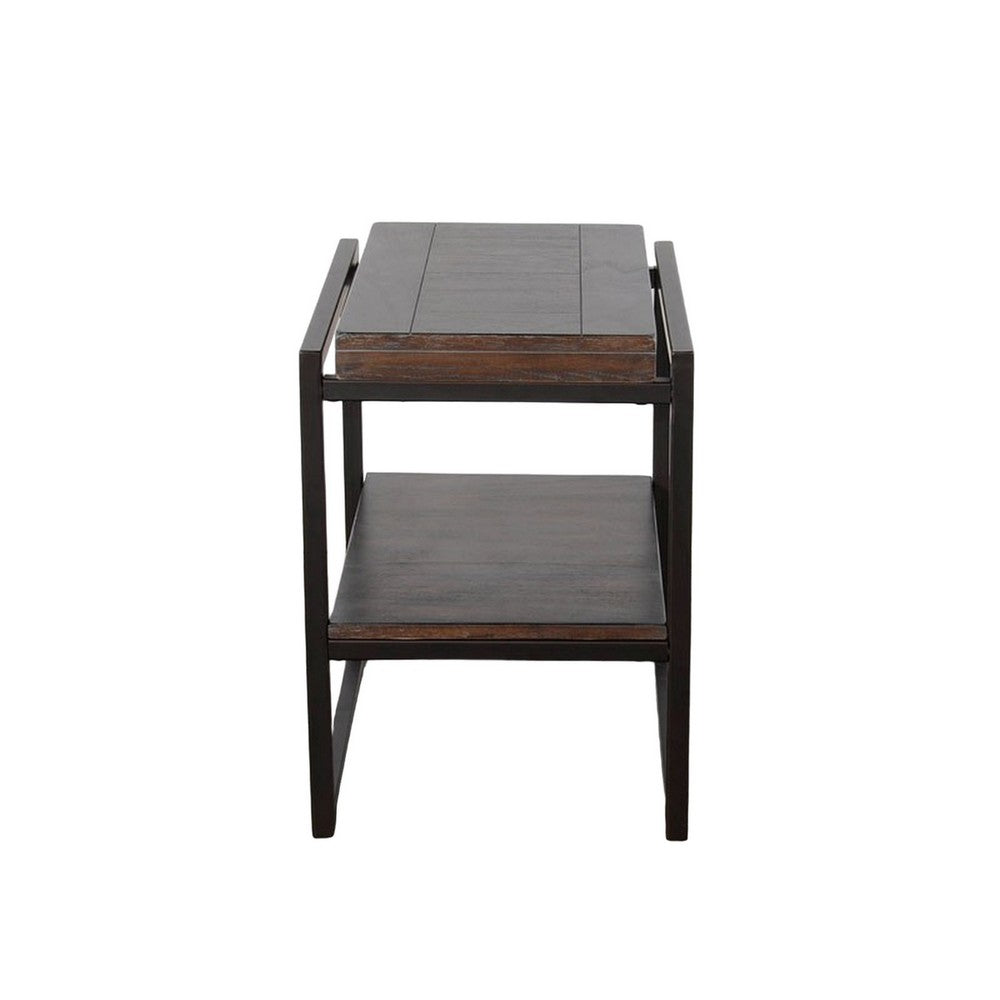 Lery Accent Chairside Table, Dark Brown Wood, Black Metal, 24 Inch
