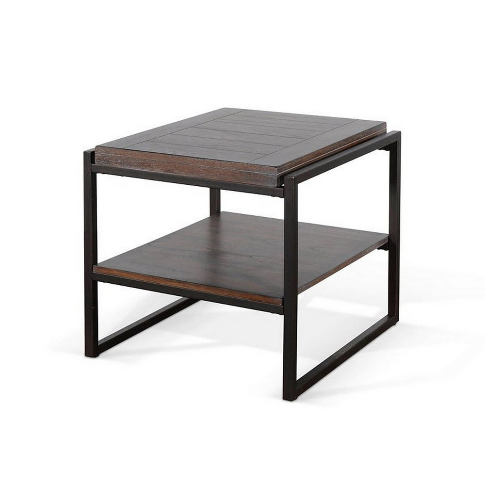 Lery End Table, Dark Brown Wood, Black Metal, Bottom Shelf, 24 Inch
