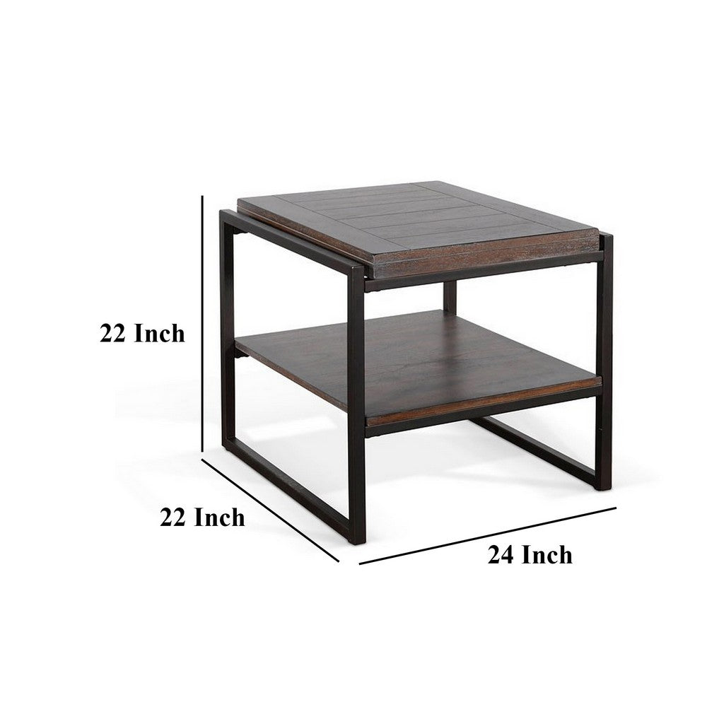 Lery End Table, Dark Brown Wood, Black Metal, Bottom Shelf, 24 Inch