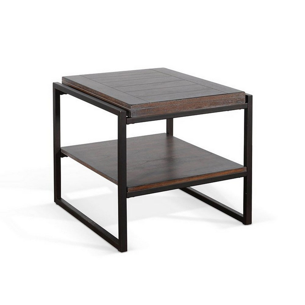 Lery End Table, Dark Brown Wood, Black Metal, Bottom Shelf, 24 Inch
