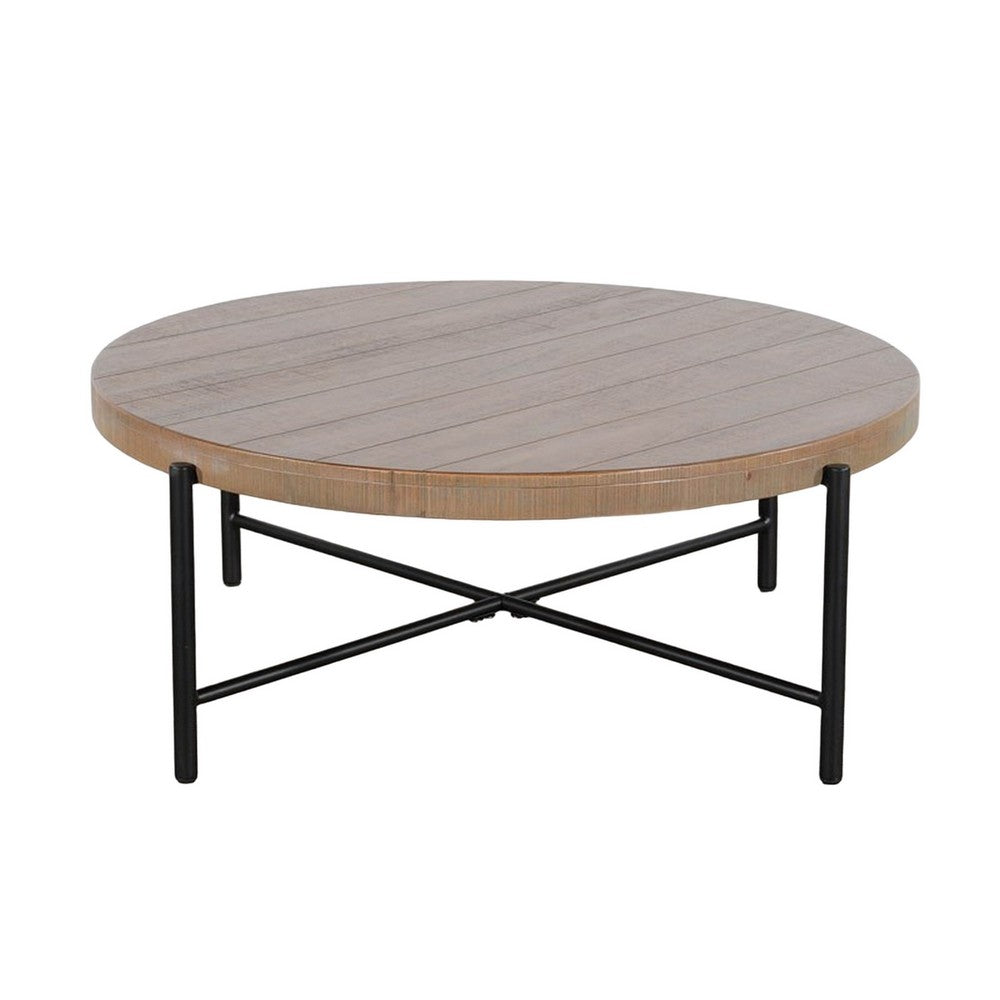 Reena Coffee Table, Light Brown Mahogany, Black Metal, Round 39 Inch