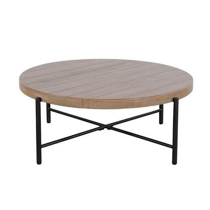 Reena Coffee Table, Light Brown Mahogany, Black Metal, Round 39 Inch