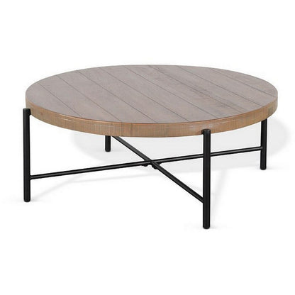 Reena Coffee Table, Light Brown Mahogany, Black Metal, Round 39 Inch