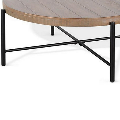 Reena Coffee Table, Light Brown Mahogany, Black Metal, Round 39 Inch