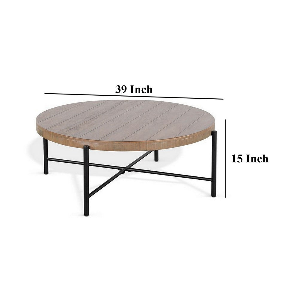 Reena Coffee Table, Light Brown Mahogany, Black Metal, Round 39 Inch