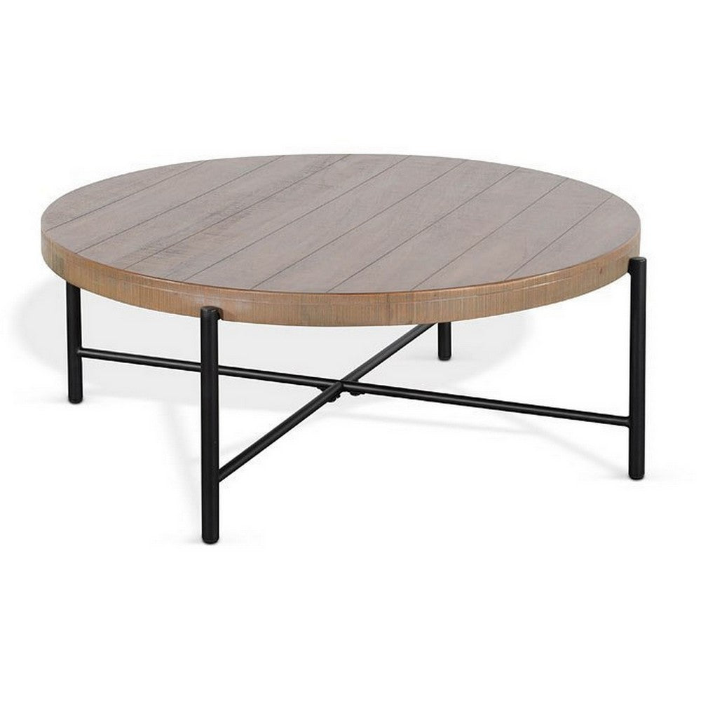 Reena Coffee Table, Light Brown Mahogany, Black Metal, Round 39 Inch