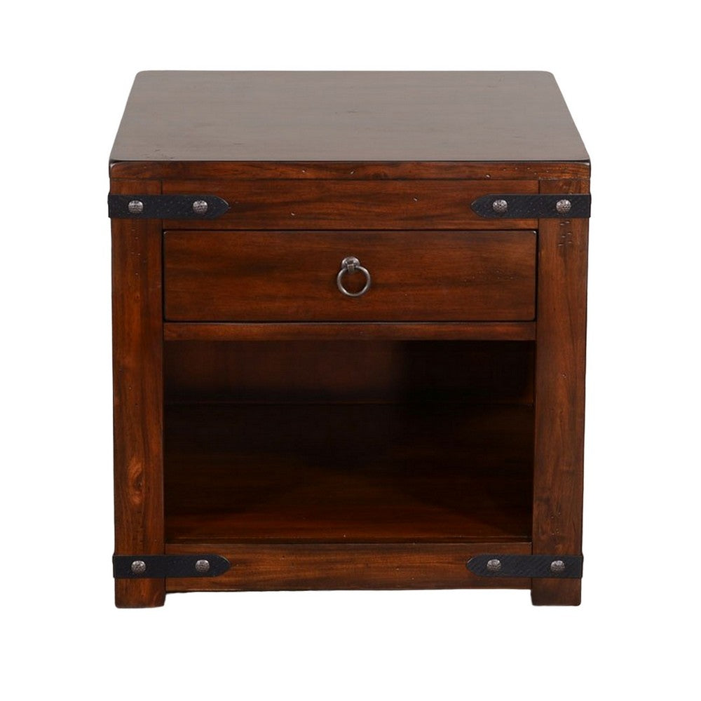 Odel Side End Table, Drawer, Dark Brown Mahogany Wood, Metal, 24 Inch