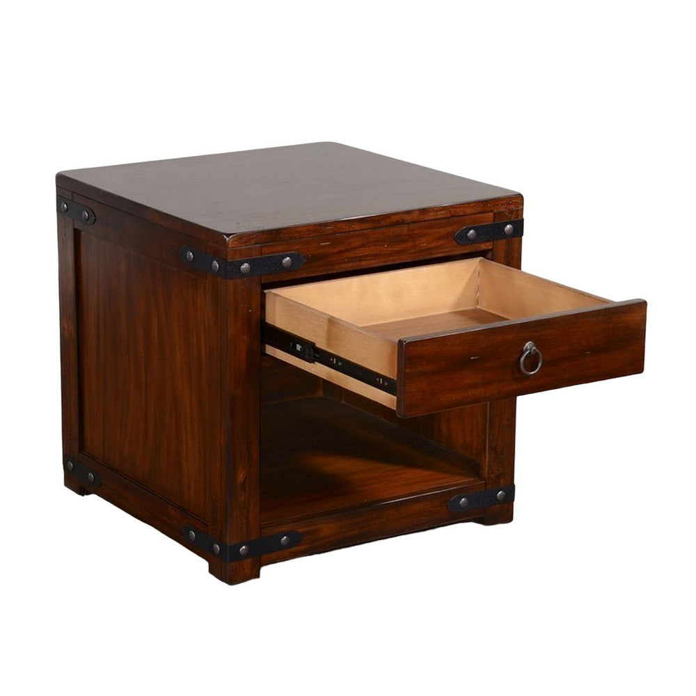 Odel Side End Table, Drawer, Dark Brown Mahogany Wood, Metal, 24 Inch